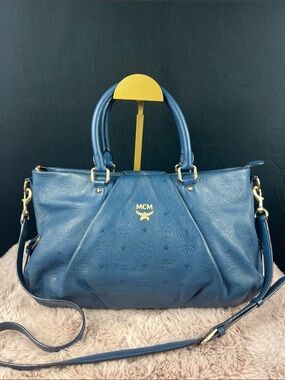 MCM Blue Debossed Nappa Leather Aren Ottomar Satchel Tote Bag
